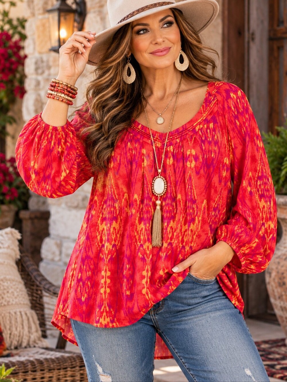 Jones New York 2X Pink Coral Ikat Print Boho Tunic Blouse